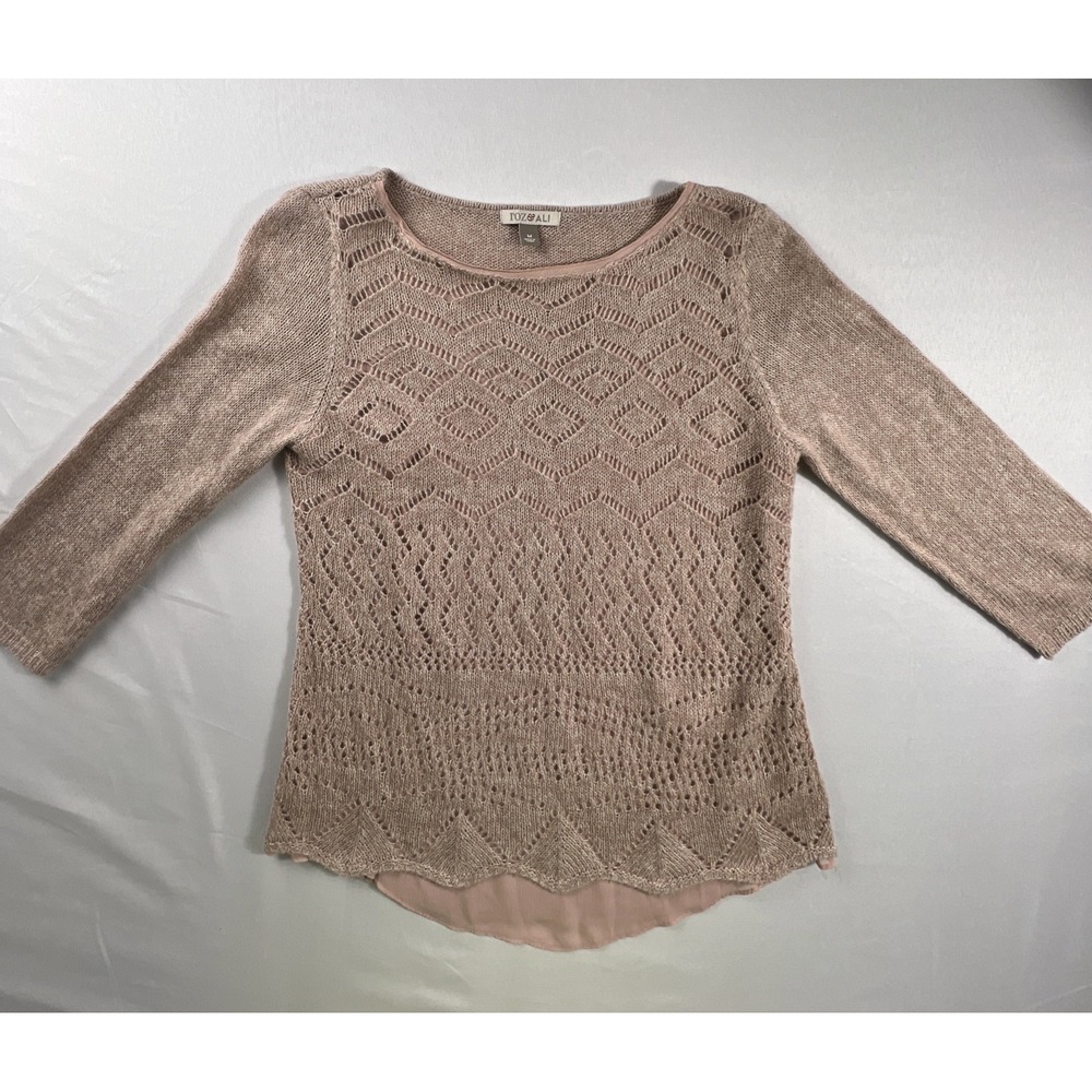 Roz & Ali Sweater Womens Medium Pink Knit Lined 3/4 Sleeve Stretch Pullover